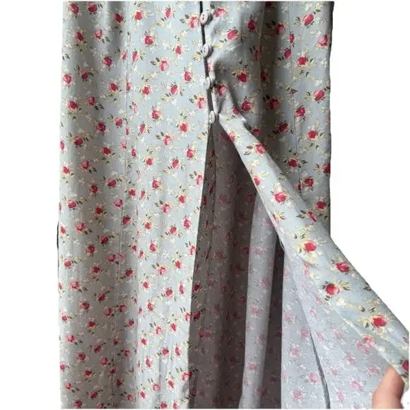 Vintage 90s Express Floral Midi Skirt Blue Rose Print Button Front Cottagecore S - Picture 3 of 11
